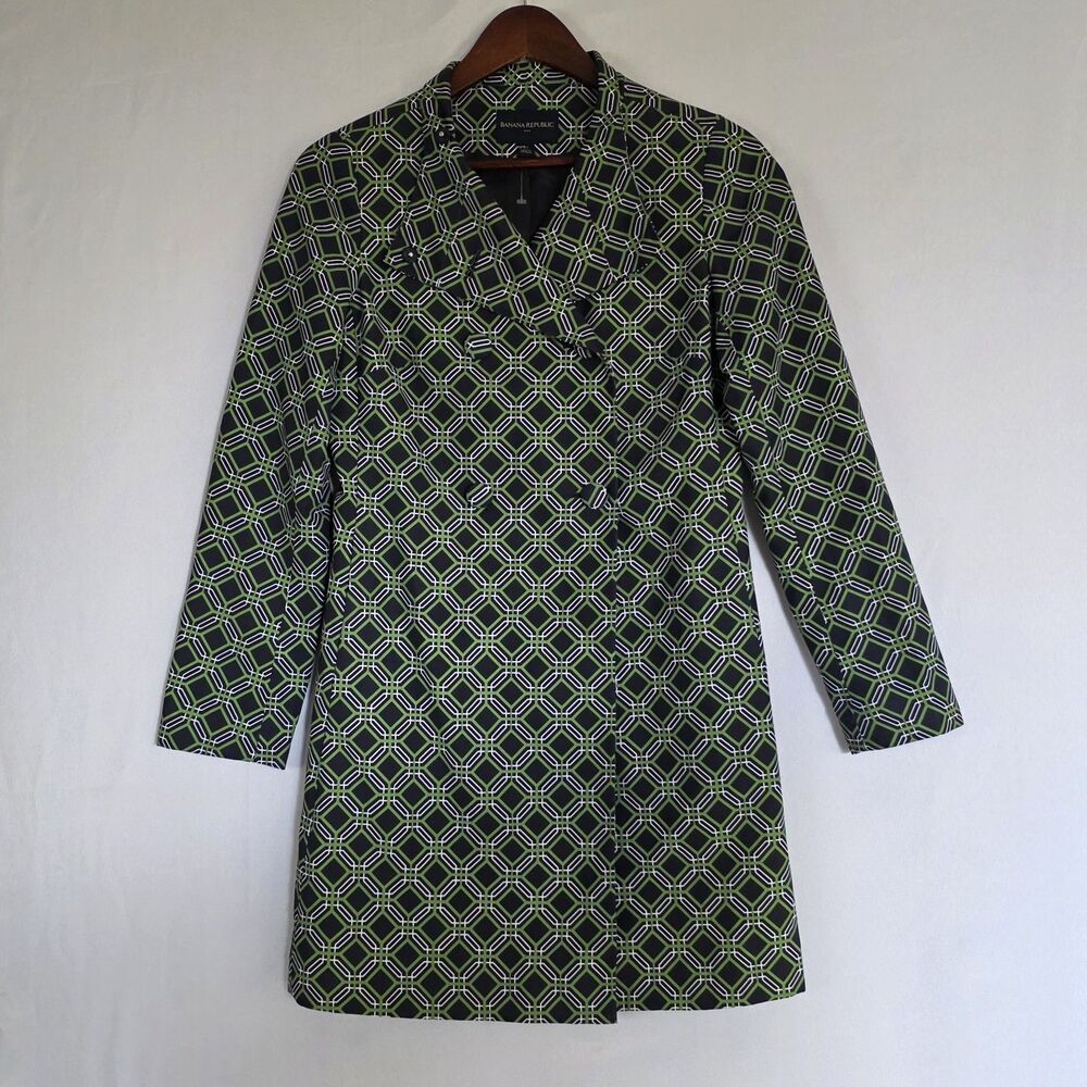 Banana Republic Trench Coat Green Navy Geo Print Double Breasted PreppySz  Xs